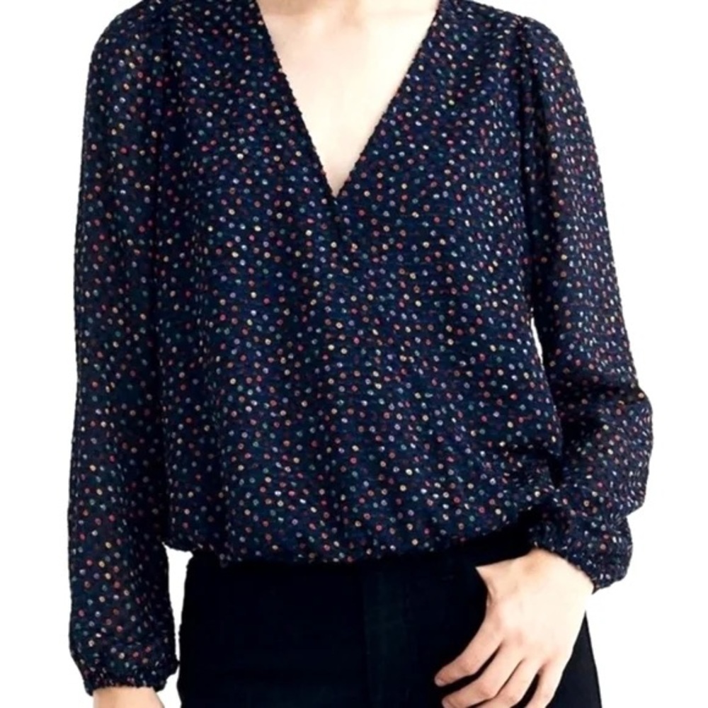 Madewell Lyric Wrap Top In Sugar Dot Navy Blue Sheer Puff Sleeves
Womens LARGE